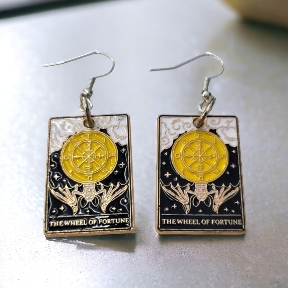 Handcrafted Wheel Of Fortune Tarot Card Metal Earrings